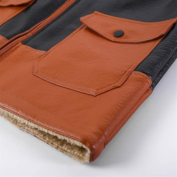 Pairo Men's Black Orange Shearling Leather Jacket B3 Bomber thumbnail 4