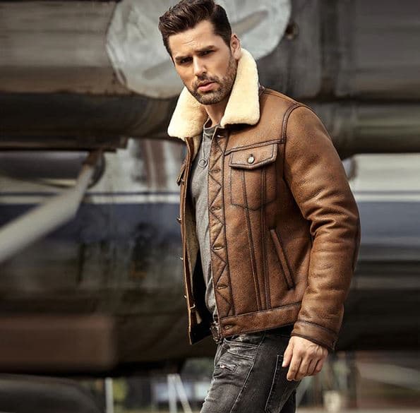 Pairo Men's Brown Cream Shearling Leather Jacket B3 Bomber thumbnail 3