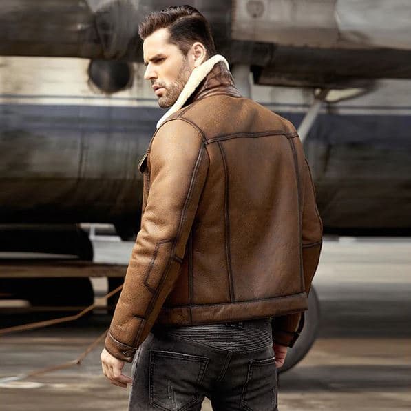 Pairo Men's Brown Cream Shearling Leather Jacket B3 Bomber thumbnail 4