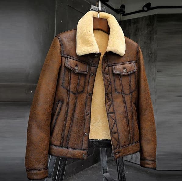 Pairo Men's Brown Cream Shearling Leather Jacket B3 Bomber thumbnail 5