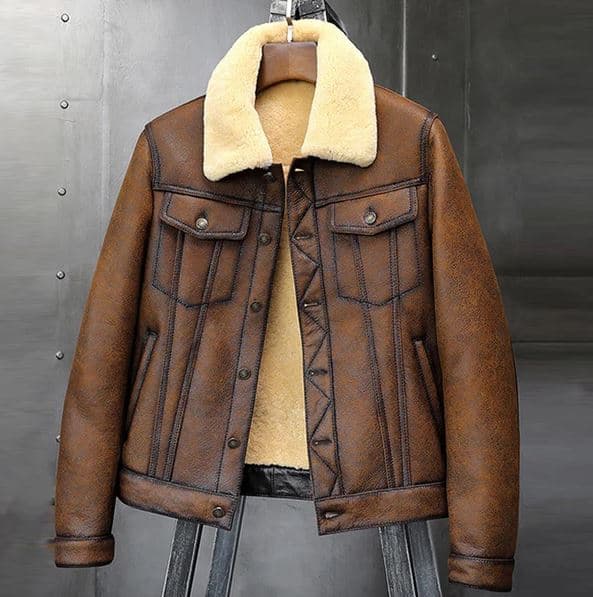 Pairo Men's Brown Cream Shearling Leather Jacket B3 Bomber thumbnail 6