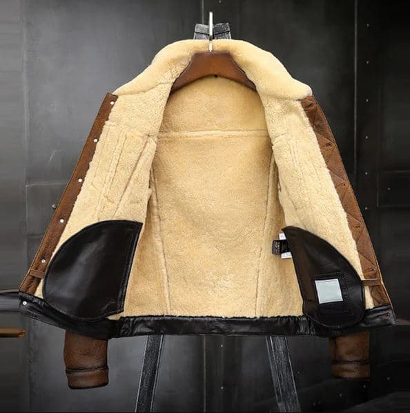 Pairo Men's Brown Cream Shearling Leather Jacket B3 Bomber thumbnail 7