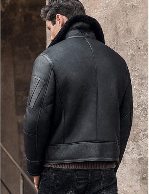 Pairo Men's Black Fur Black Leather Shearling Jacket B3 Bomber thumbnail 3