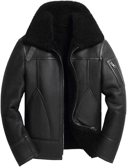 Pairo Men's Black Fur Black Leather Shearling Jacket B3 Bomber thumbnail 4