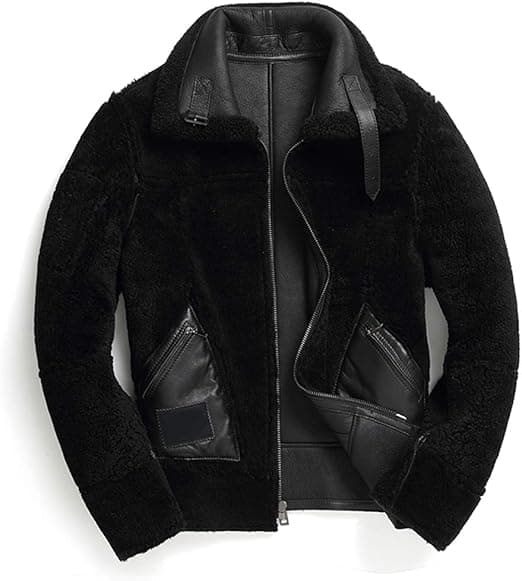 Pairo Men's Black Fur Black Leather Shearling Jacket B3 Bomber thumbnail 5