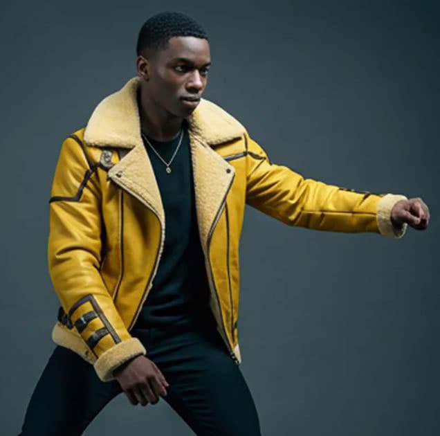 Pairo Men's Yellow Shearling Leather Jacket B3 Style thumbnail 3
