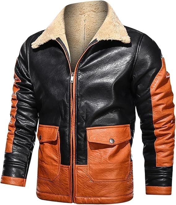Pairo Men's Black Orange Shearling Leather Jacket B3 Bomber