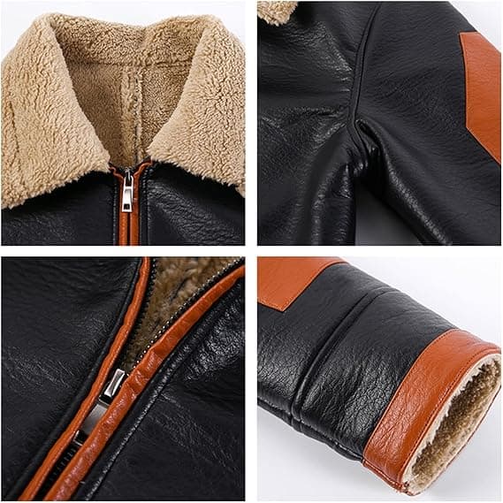 Pairo Men's Black Orange Shearling Leather Jacket B3 Bomber