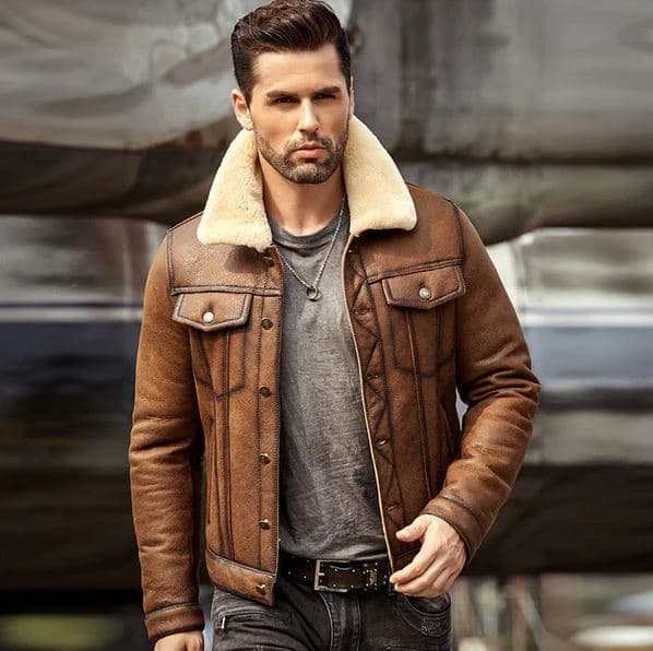 Pairo Men's Brown Cream Shearling Leather Jacket B3 Bomber
