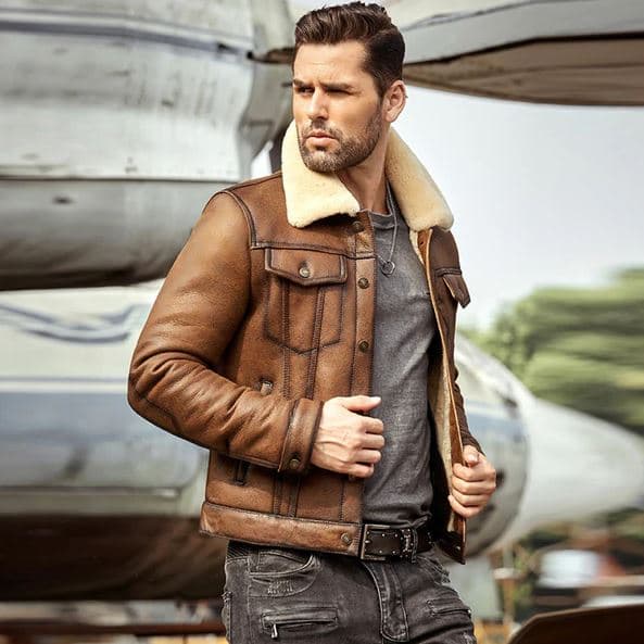 Pairo Men's Brown Cream Shearling Leather Jacket B3 Bomber