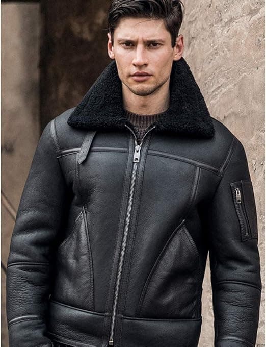 Pairo Men's Black Fur Black Leather Shearling Jacket B3 Bomber