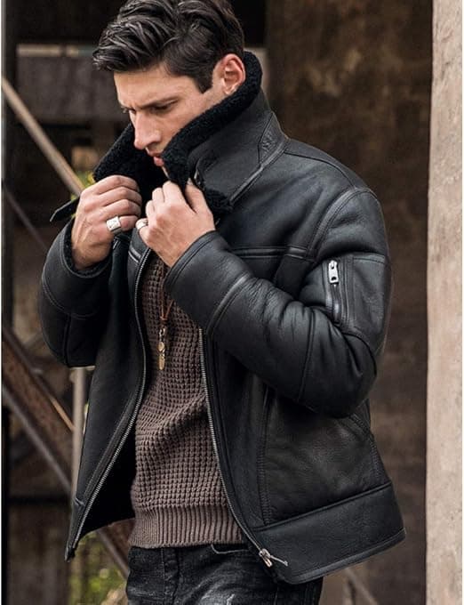 Pairo Men's Black Fur Black Leather Shearling Jacket B3 Bomber