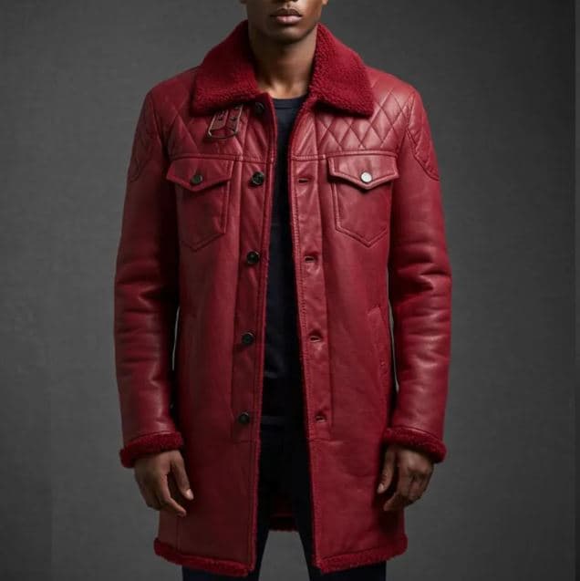 Pairo Men's Long Coat Red Sheepskin Leather Jacket